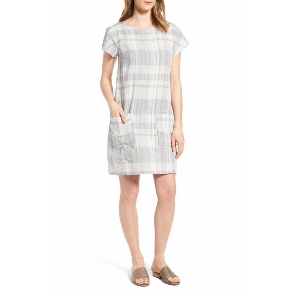 EILEEN FISHER PM Petite M Plaid Chambray Airy Shift Dress Organic Linen Cotton
